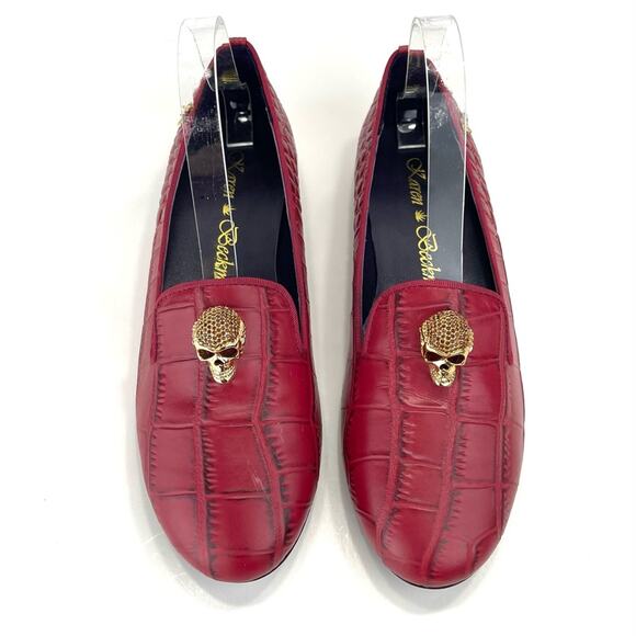 Rare New Red Flat/Loafer Sz 9/39 Jeweled Skull Alligator Leather Karen Beckmann - Picture 3 of 14